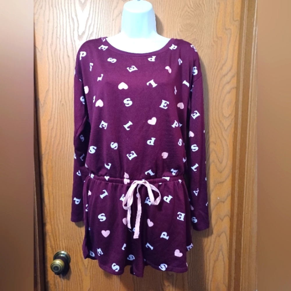 JENNI INTIMATES maroon drawstring waist Keyhole back long sleeve sleep romper
